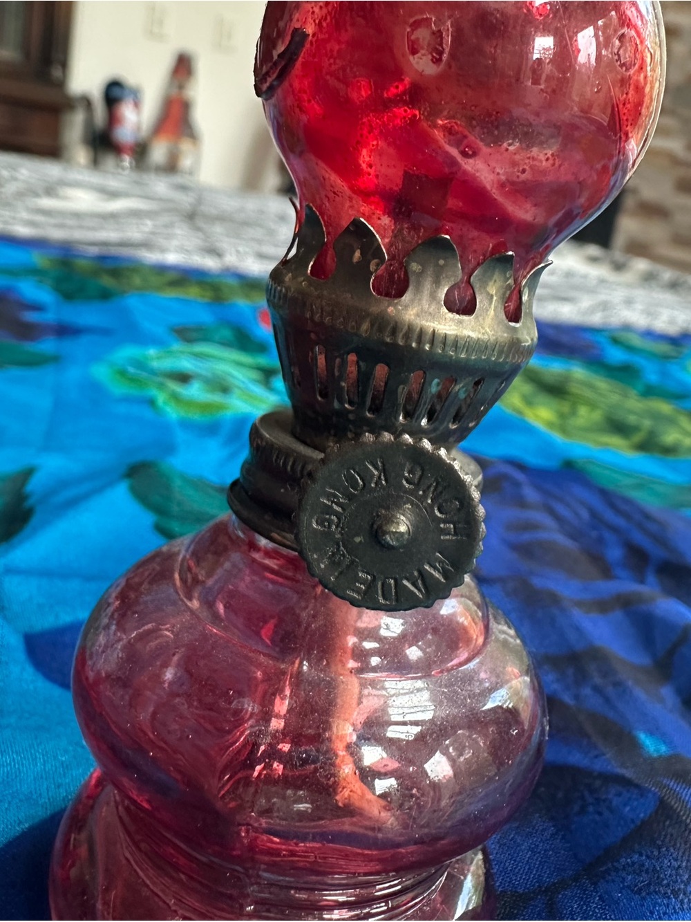 Handmade Red Glass Oil Lamp with Metal Burner